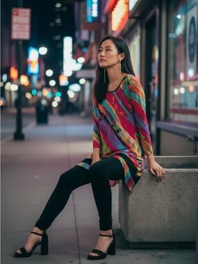 Nygard Slims Multicolor PaintStripe Tunic Top with Black Trim Missy Size Large